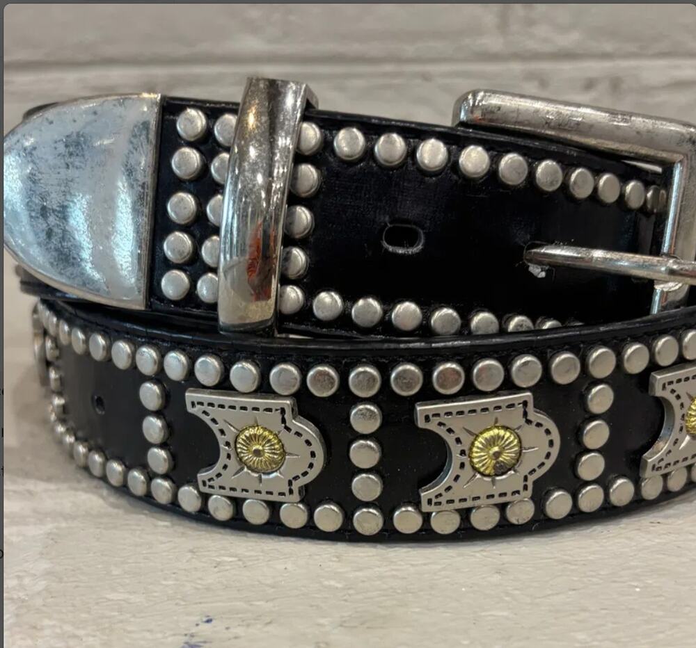 Vintage Studded Black Leather Western Belt Silver Conchos Aztec 3264